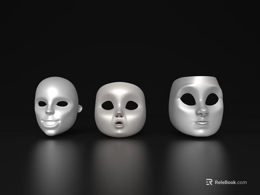 Three Silver Masks With Smiling Surprised And Neutral Expressions As Household Living Items 3d model 