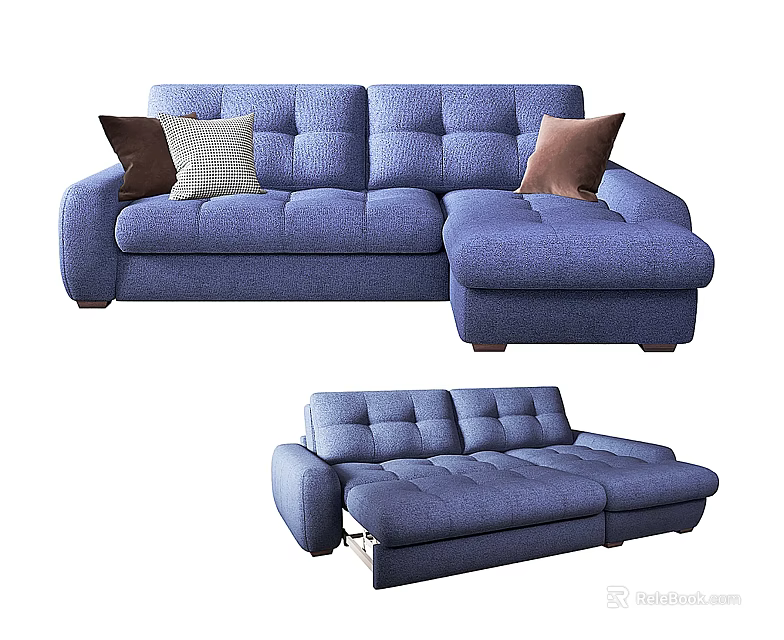 Modern Blue Tufted Sectional Sofa With Decorative Pillows And Comfortable Design 3d model 