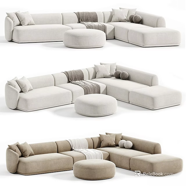 Modern Two Seater Sofa With Beige Brown Tones Pillows Ottoman And Throw Blanket 3d model 