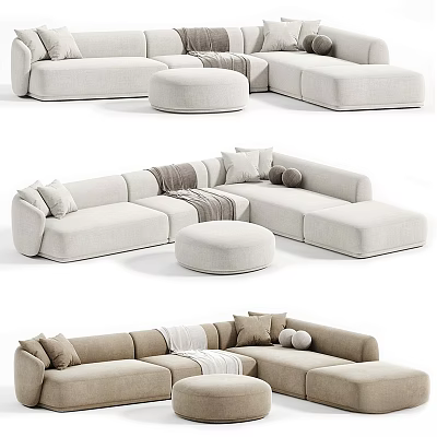 Modern Two Seater Sofa With Beige Brown Tones Pillows Ottoman And Throw Blanket 3d model