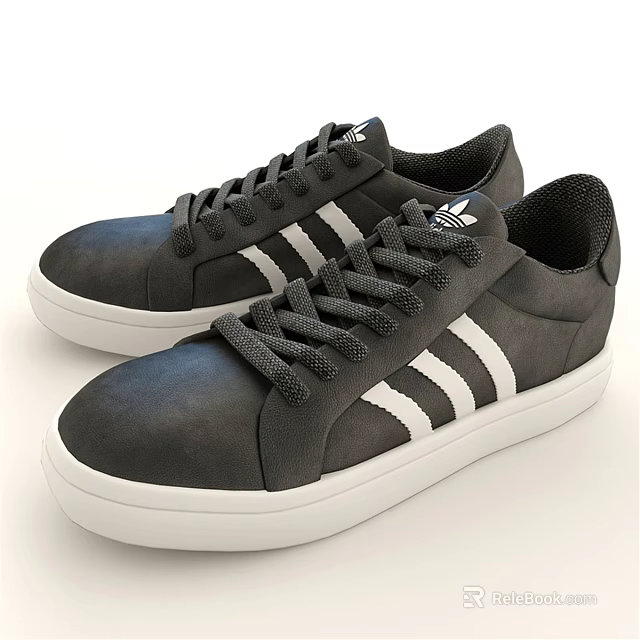 Stylish Black Casual Sports Shoes With White Stripes Gray Laces And White Sole 3d model 