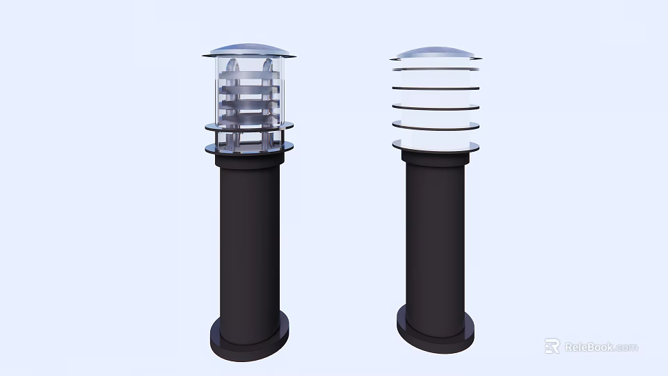 Two Modern Outdoor Lights With Black Post And Transparent Shade For Outdoor Lighting 3d model 
