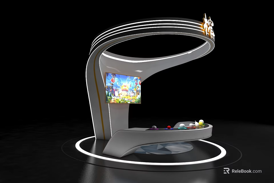 Modern Curved Exhibition Booth With Digital Screen Colorful Orbs And LED Light Ring 3d model 