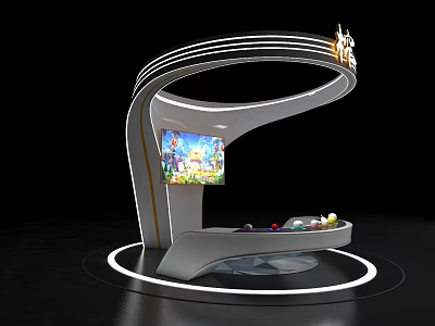 Modern Curved Exhibition Booth With Digital Screen Colorful Orbs And LED Light Ring 3d model