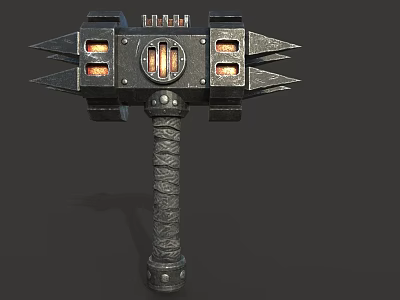 Spiked Metal War Hammer Weapon With Glowing Core Textured Handle And Riveted Details 3d model