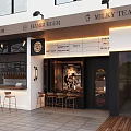 Modern Outdoor Cafe With Glass Windows Umbrella Seating Bar Counter And Wooden Stools