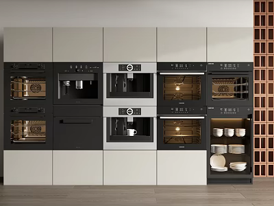 Modern Built in Kitchen Appliances With Ovens Coffee Machines And Storage Cabinets 3d model