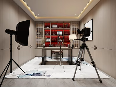 Modern Public Office Space Featuring Photography Equipment Red Bookshelf Desk And Area Rug 3d model