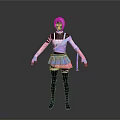 3D Character Model With Pink Hair Blue Pink Outfit Skirt Black Gloves And Leggings