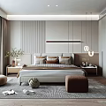 Modern Bedroom Interior With Striped Wall Pendant Lights Bed Decorative Pillows Bedside Tables And Rug