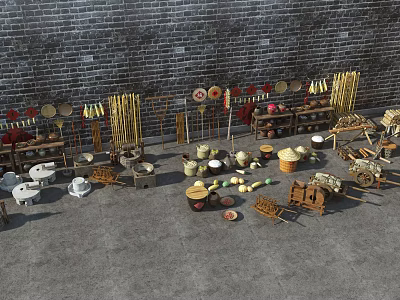 Charming Garden Decor Items with Bamboo Tools Clay Pots Baskets and Wheelbarrows Against Brick Wall 3d model