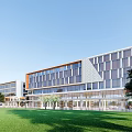 Modern Office Building Exterior With Glass Curtain Walls Trees And Street Vehicles
