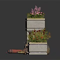 Multi Tiered Stone Platforms With Flower Pots And Wooden Railing And Plants