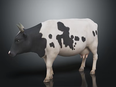 Black and white spotted cow with horns standing on gray background in studio 3d model