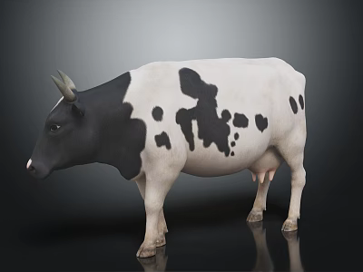 Black and white spotted cow with horns standing on gray background in studio 3d model
