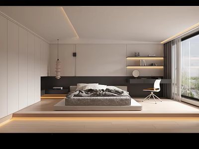 Modern Minimalist Bedroom Interior Design With Platform Bed White Cabinets Shelves And Large Window 3d model