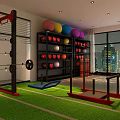 Modern Gym Interior With Red Black Fitness Machines Dumbbell Rack And Large Windows