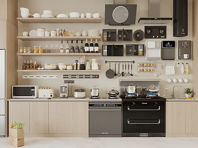 Modern Kitchen Interior Design With Neatly Arranged Cabinets And Multiple Kitchen Appliances 3d model