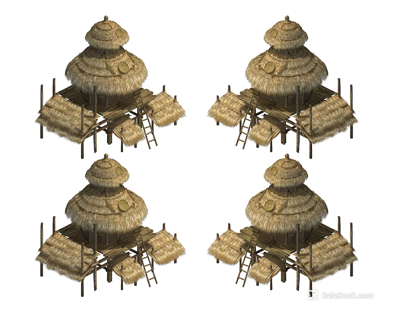 Ancient Architecture Featuring Thatched Roof Traditional Design Wooden Framework And Steps 3d model 