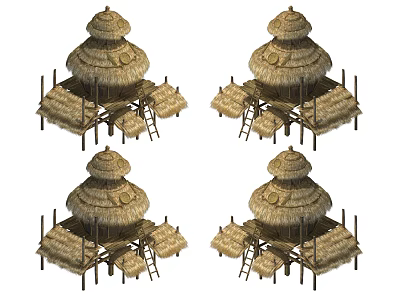 Ancient Architecture Featuring Thatched Roof Traditional Design Wooden Framework And Steps 3d model