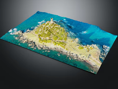 3D Island Model Display With Blue Water Green Terrain And Lighthouse Structure 3d model