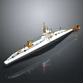 White Ship Model With Golden Details Mast And Deck Equipment