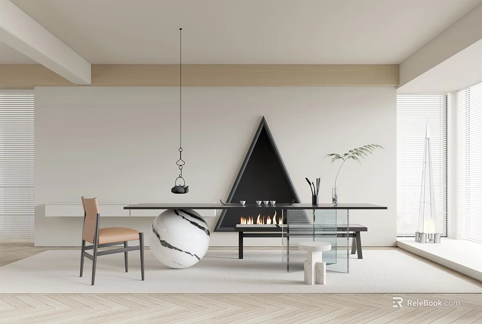 Modern Tea Room Interior With Long Table Chair Triangular Black Decor And Spherical White Ornament 3d model 