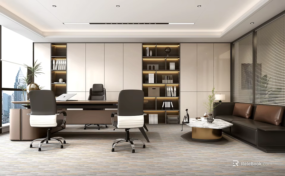 Modern Office Interior Design With Desk Chairs Bookshelves Leather Sofa Coffee Table And Potted Plant 3d model 