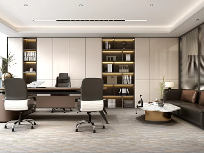 Modern Office Interior Design With Desk Chairs Bookshelves Leather Sofa Coffee Table And Potted Plant 3d model