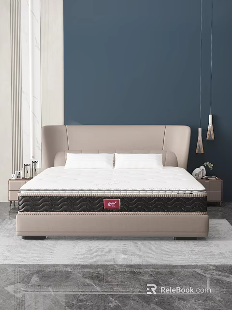Double Bed with Thick Mattress Light Beige Headboard and Navy Blue Wall Decor 3d model 