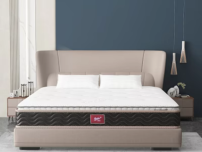Double Bed with Thick Mattress Light Beige Headboard and Navy Blue Wall Decor 3d model