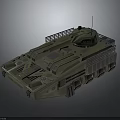 Green Armored Military Vehicle With Tracked Propulsion And Top Railing Structure
