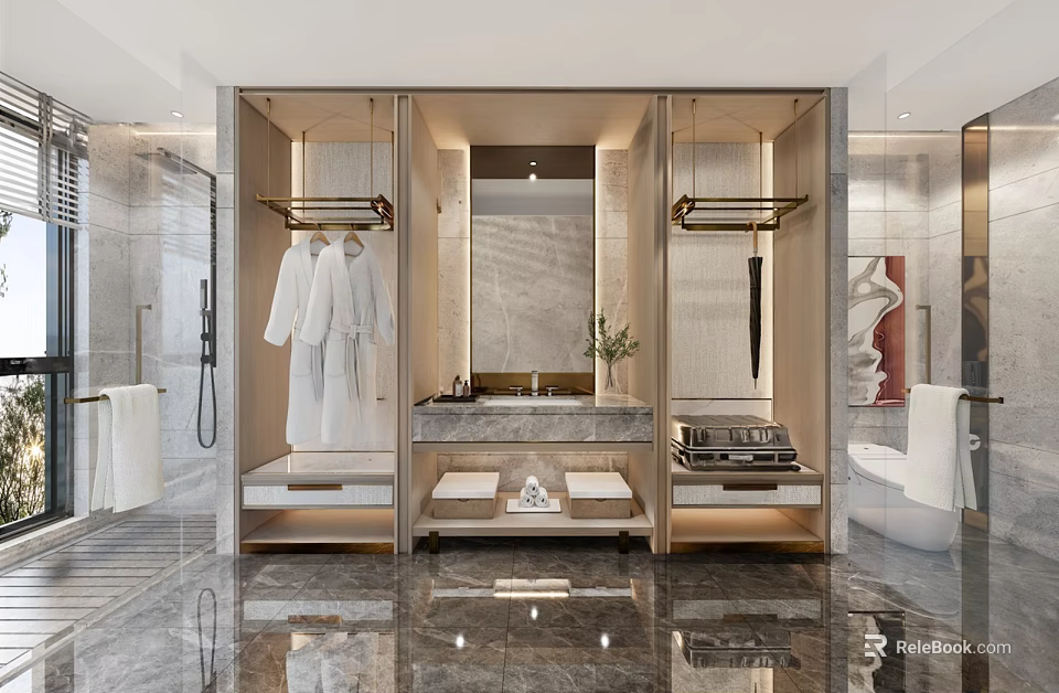 Luxury Hotel Bathroom Interior With White Robes Marble Vanity Large Mirror And Polished Floor 3d model 