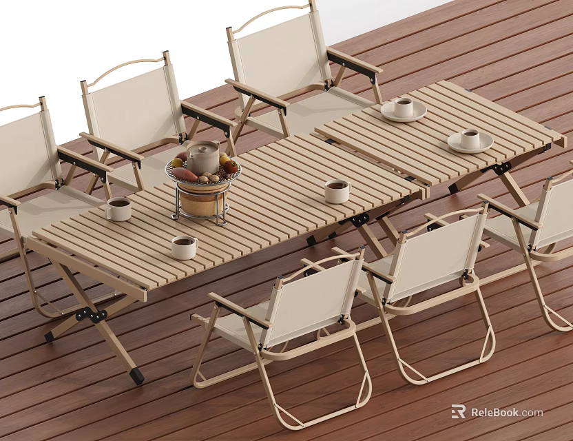 Outdoor Table on Wooden Deck with Matching Chairs and Tabletop with Cups and Basket 3d model 