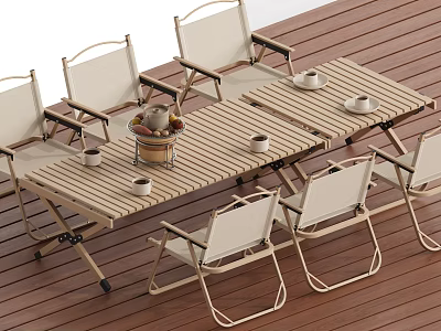 Outdoor Table on Wooden Deck with Matching Chairs and Tabletop with Cups and Basket 3d model