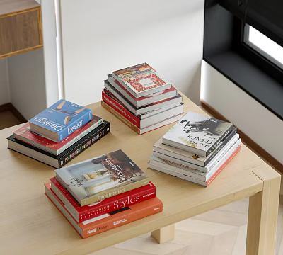 Stacks of Books with Various Cover Colors and Thicknesses on Wooden Table Indoor Setting 3d model