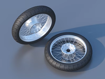 Black Tread Motorcycle Tires With Silver Rims On Gray Background 3d model