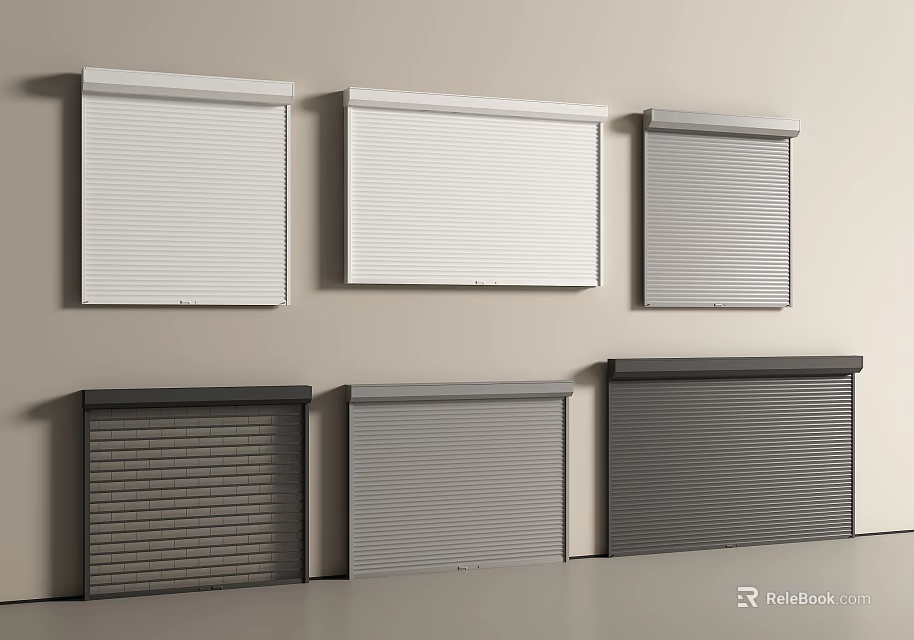 Six White And Dark Colored Roller Blinds On Light Colored Wall Interior 3d model 