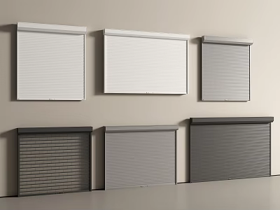 Six White And Dark Colored Roller Blinds On Light Colored Wall Interior 3d model