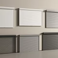 Six White And Dark Colored Roller Blinds On Light Colored Wall Interior