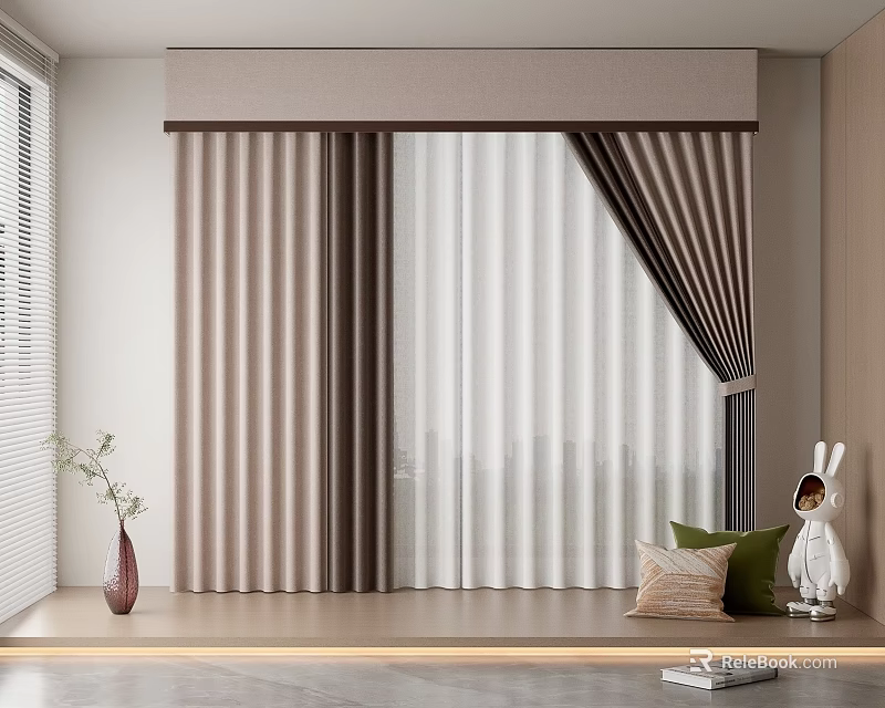 Modern Striped Curtains With Sheer Panels In Minimalist Interior And Window Sill Decor 3d model 