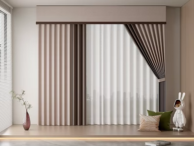 Modern Striped Curtains With Sheer Panels In Minimalist Interior And Window Sill Decor 3d model
