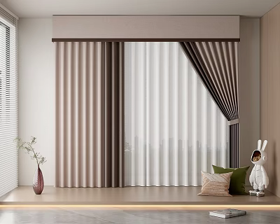 Modern Striped Curtains With Sheer Panels In Minimalist Interior And Window Sill Decor 3d model
