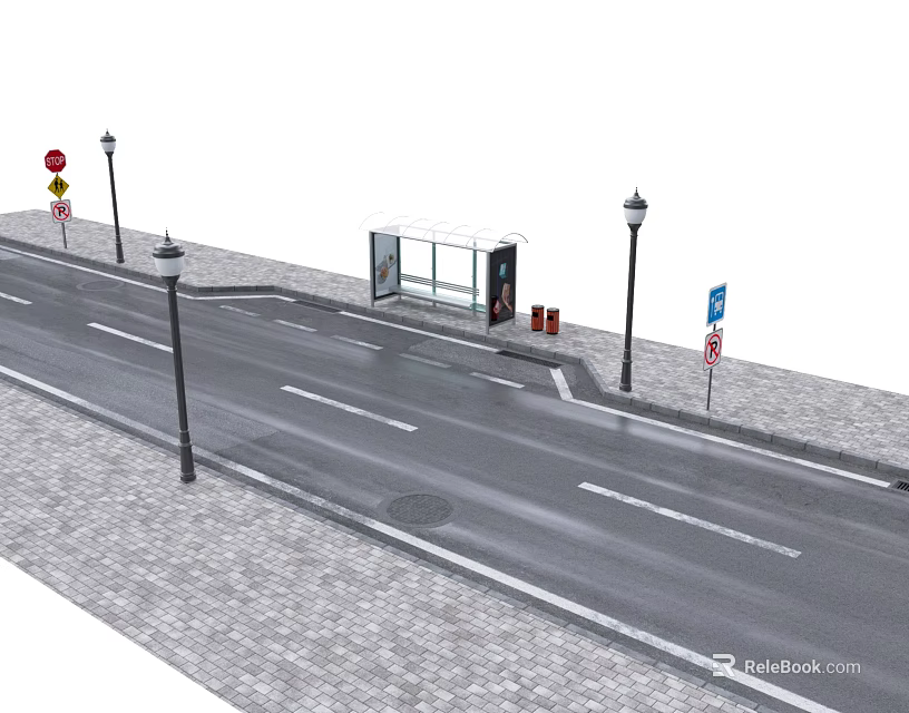 Bus Stop With Shelter Street Lamps And Traffic Signs On Urban Road 3d model 