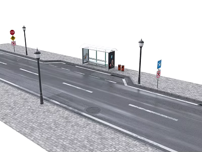 Bus Stop With Shelter Street Lamps And Traffic Signs On Urban Road 3d model