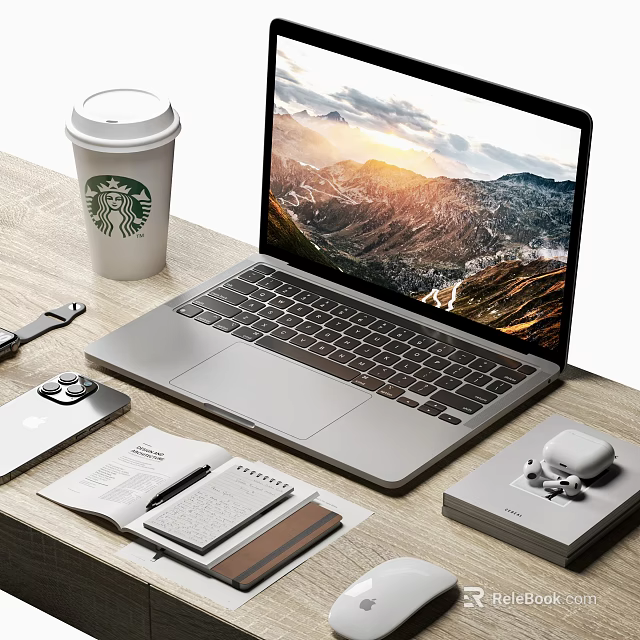 Modern Laptop On Wooden Desk With Starbucks Coffee Cup Smartphone Watch And Earbuds 3d model 