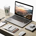 Modern Laptop On Wooden Desk With Starbucks Coffee Cup Smartphone Watch And Earbuds
