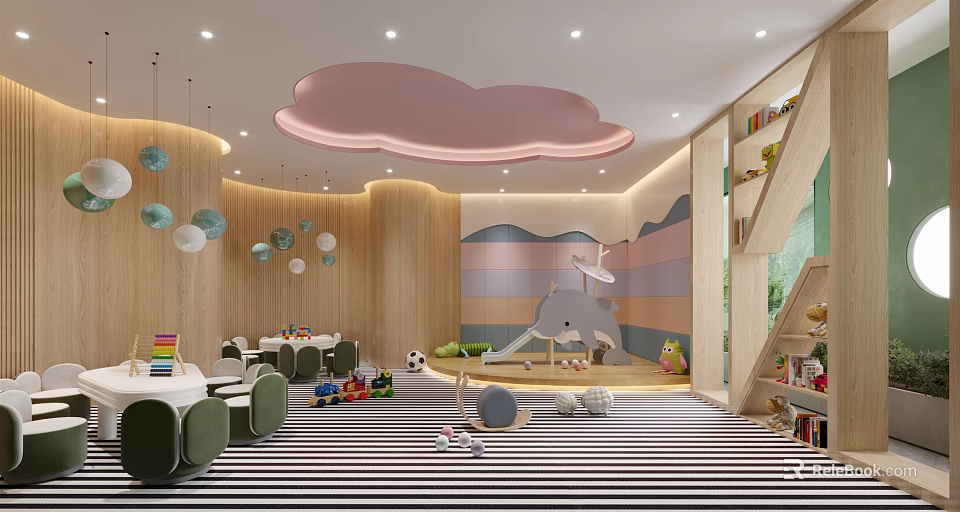 Kindergarten Interior Design With Pink Cloud Shaped Ceiling Light Colorful Striped Walls Slide And Toys 3d model 