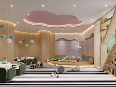 Kindergarten Interior Design With Pink Cloud Shaped Ceiling Light Colorful Striped Walls Slide And Toys 3d model
