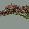 European Style Commercial Complex with Tower Red Roofs and Multi Story Buildings in Open Square